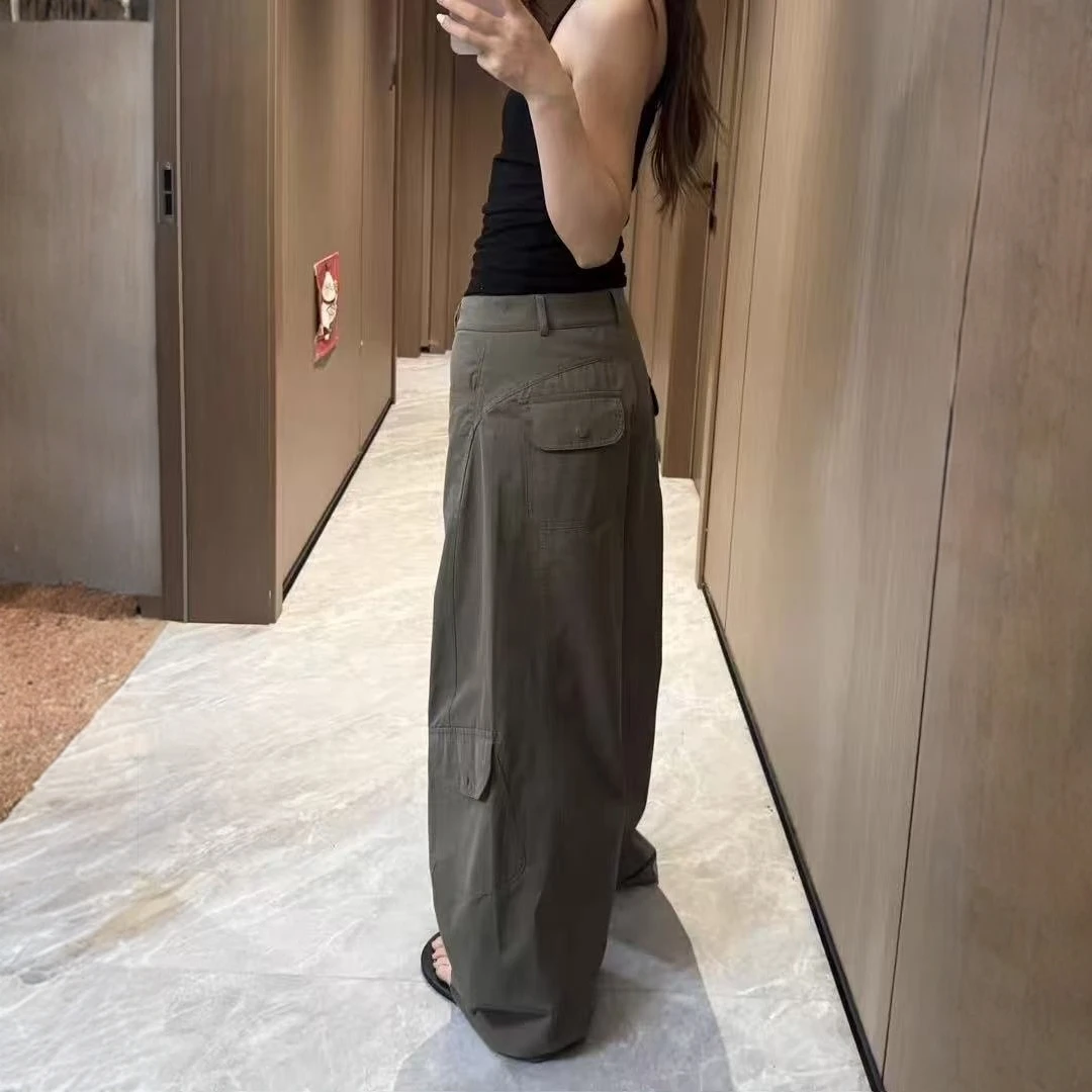 美式军绿色工装弯刀裤女酷飒风秋季设计感大码胖mm阔腿休闲镰刀裤