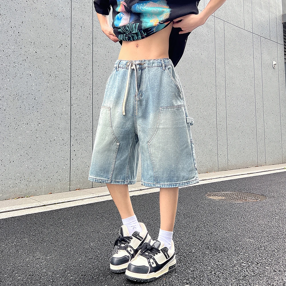 夏季新款宽松直筒港风牛仔裤男基础款百搭多色松紧水洗中裤薄款