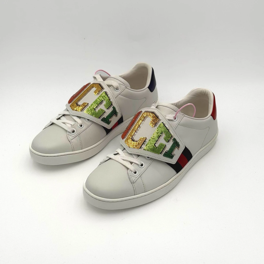 99新 GUCCI/古驰 魔术贴彩色亮片小白鞋/37.5码/DM1247/试穿品相