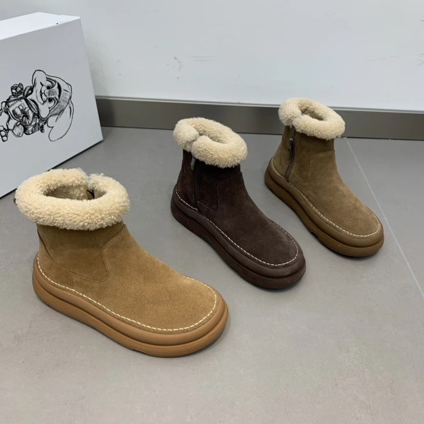 欧洲站2025秋冬新款磨砂牛皮洋气雪地靴真皮厚底保暖软皮短靴加绒