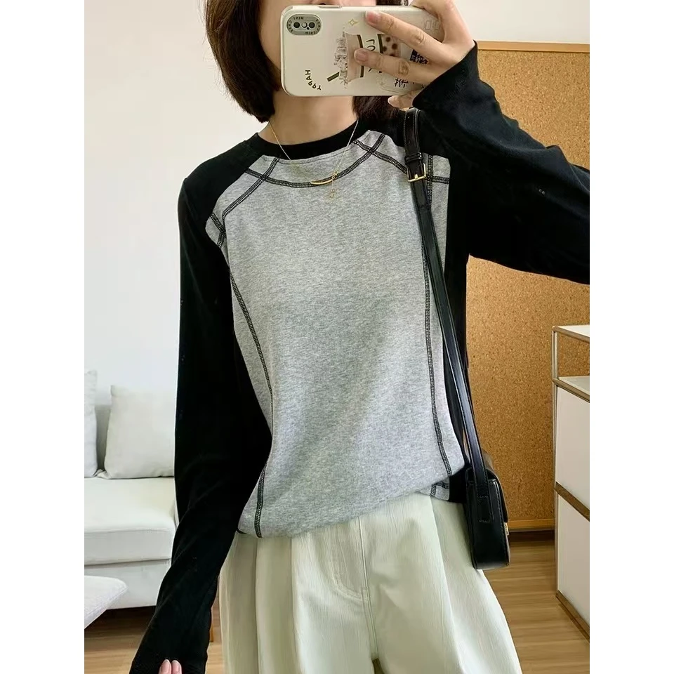 新款气质休闲韩版简约明线撞色插件T恤A8175