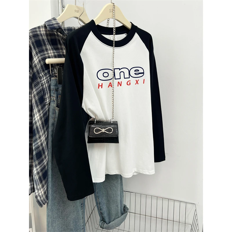 纯棉插肩长袖T恤女秋季新款韩版设计感拼接撞色圆领大码显瘦上衣