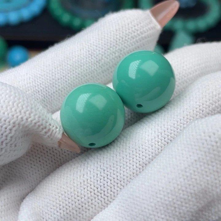 远***家高瓷绿16mm圆珠一对