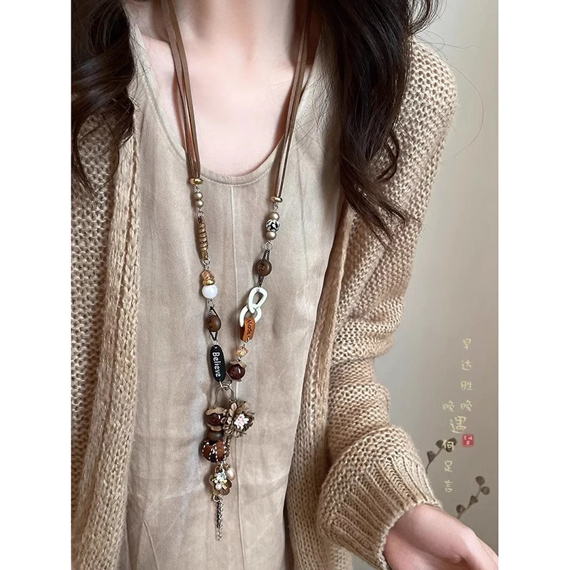铜合金项链 民族风花朵串珠项链女波西米亚长款锁骨链高级感配饰