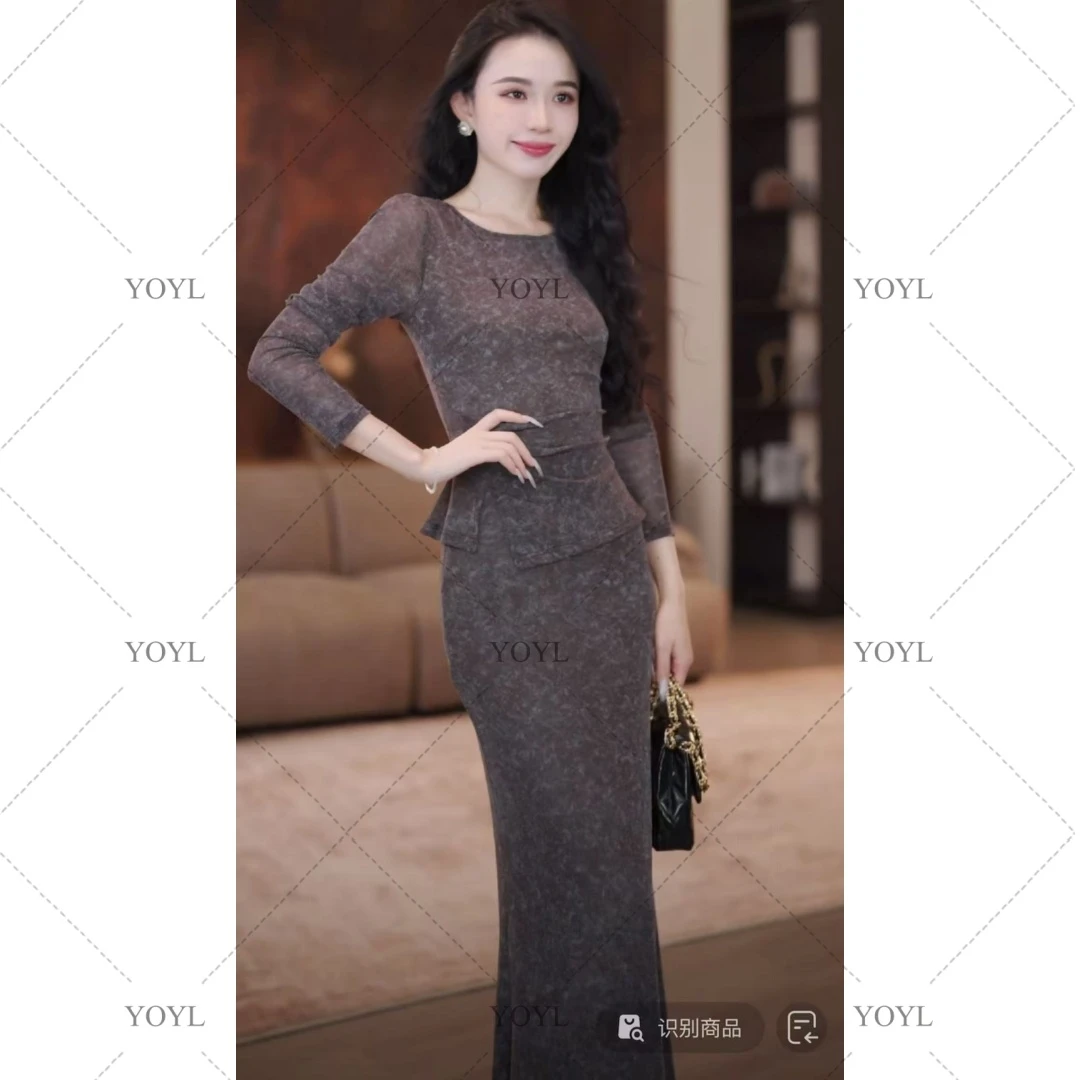 【yola】雾里云间秋季新款法式气质显瘦假两件鱼尾连衣裙-YL11835