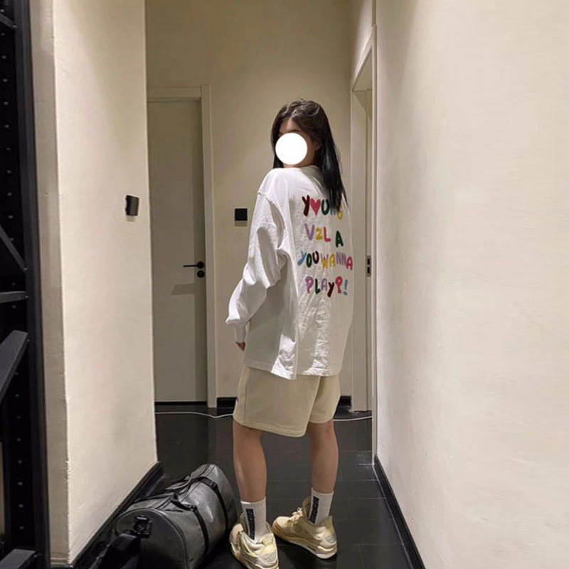 100%纯棉白色长袖t恤女春秋季美式学院风设计感宽松百搭打底上衣