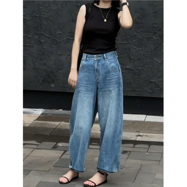 夏季新款女遮肉港风简约宽松百搭显瘦梨形身材九分裤阔腿裤牛仔裤