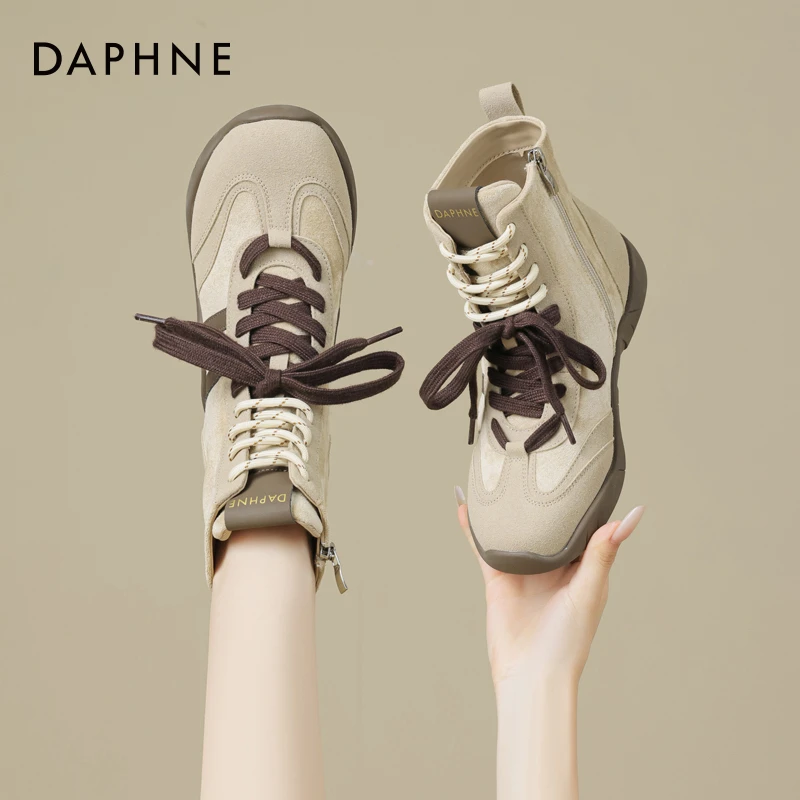 达芙妮厚底高帮鞋女2025新款秋季超火双系带短靴休闲百搭马丁短靴