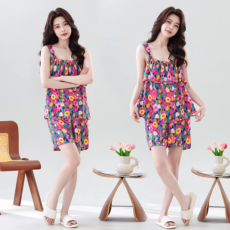 夏季绵绸吊带背心短裤套装仿凸点女时尚薄款胸前荷叶边睡衣家居服