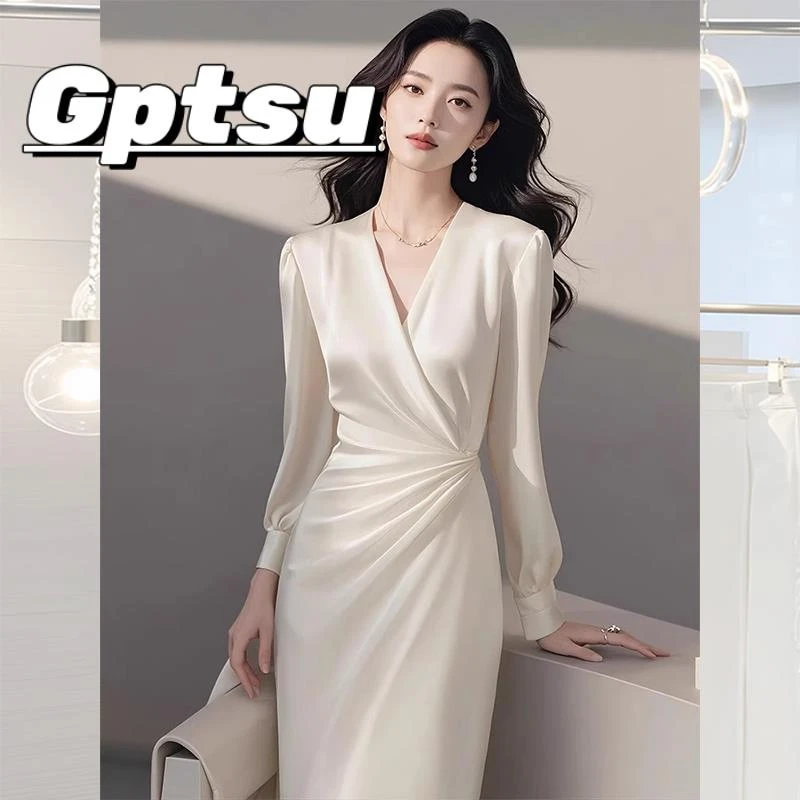 GPTSu法式时尚高级感正式场合气质名媛高端女神范白色连衣裙子女