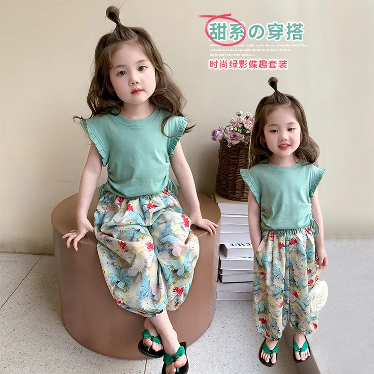 女童夏季套装2025新款薄款休闲装女宝宝飞袖上衣儿童防蚊裤两件套
