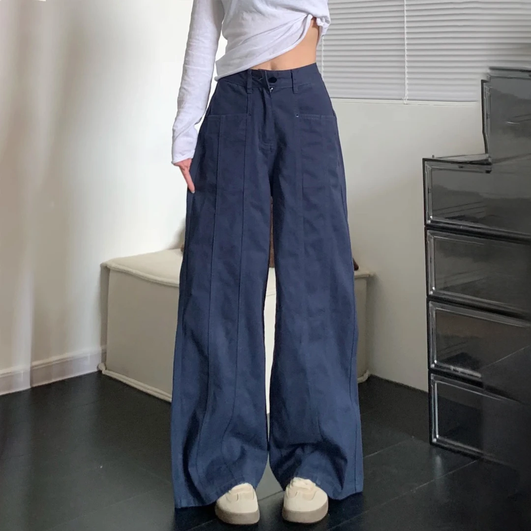 藏青色直筒阔腿裤子女秋季新款大码胖mm显瘦梨形身材遮胯休闲长裤