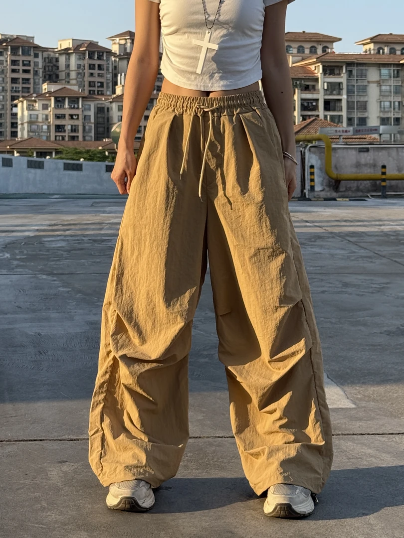 韩版美式女宽松休闲裤褶皱休闲女高腰垂感宽松阔腿裤夏季薄款拖地