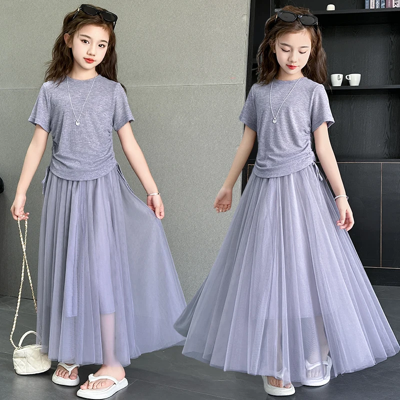 童装女童夏季高级感抽绳T恤网纱裙套装6-12岁15中大童小女孩套装