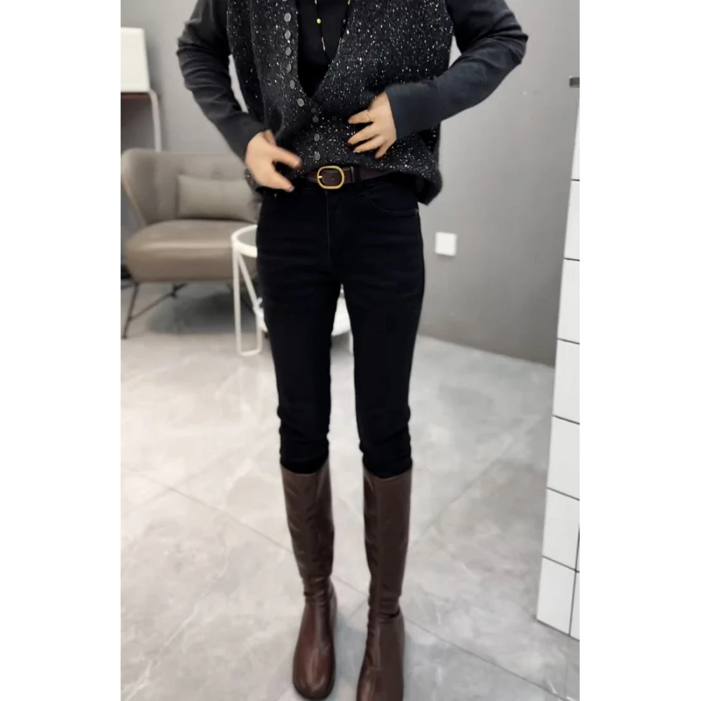 黑色高腰牛仔裤女2025秋冬加绒修身显瘦紧身弹力小个子九分小脚裤