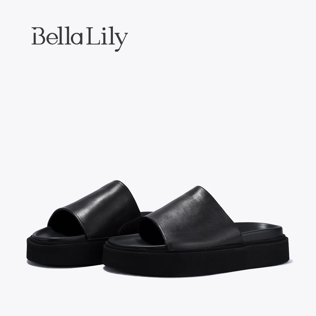 BellaLily2025夏季新款牛皮厚底拖鞋女外穿一字拖百搭增高凉拖鞋