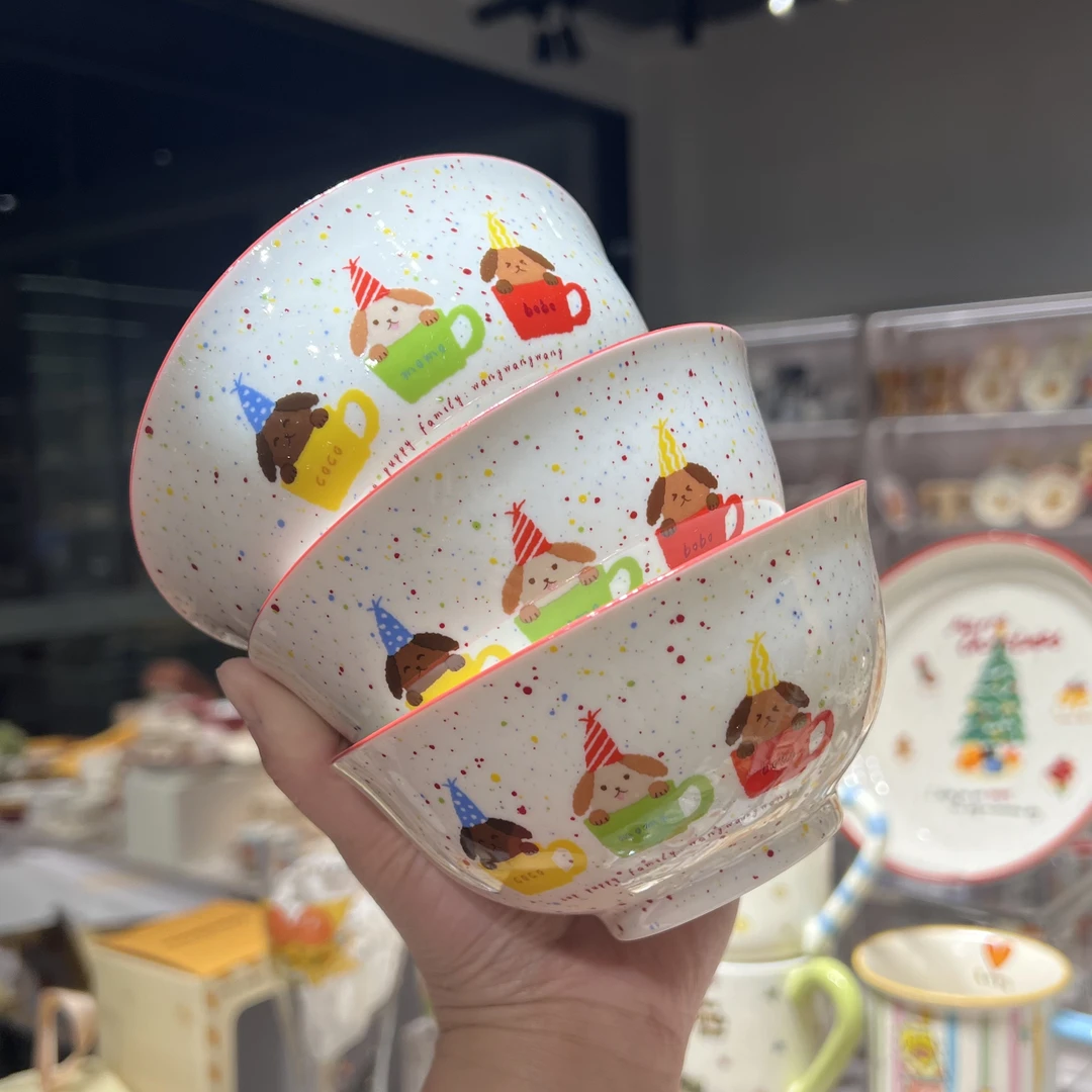 【东泰】出口尾单陶瓷马克杯彩色泼墨茶杯犬小狗4.75英寸米饭碗三个