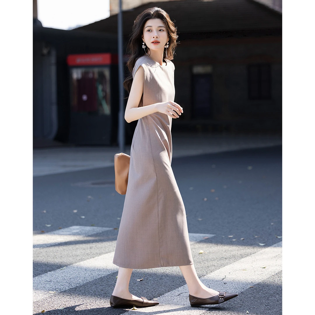 【重百粉丝专享】德·玛纳双色纹理夏静奢优雅风圆领飞飞袖连衣裙