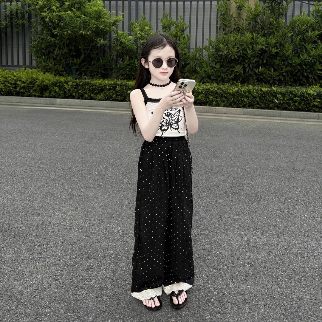 女童夏季2025新款韩版薄款休闲蝴蝶吊带背心宽松休闲波点裤两件套