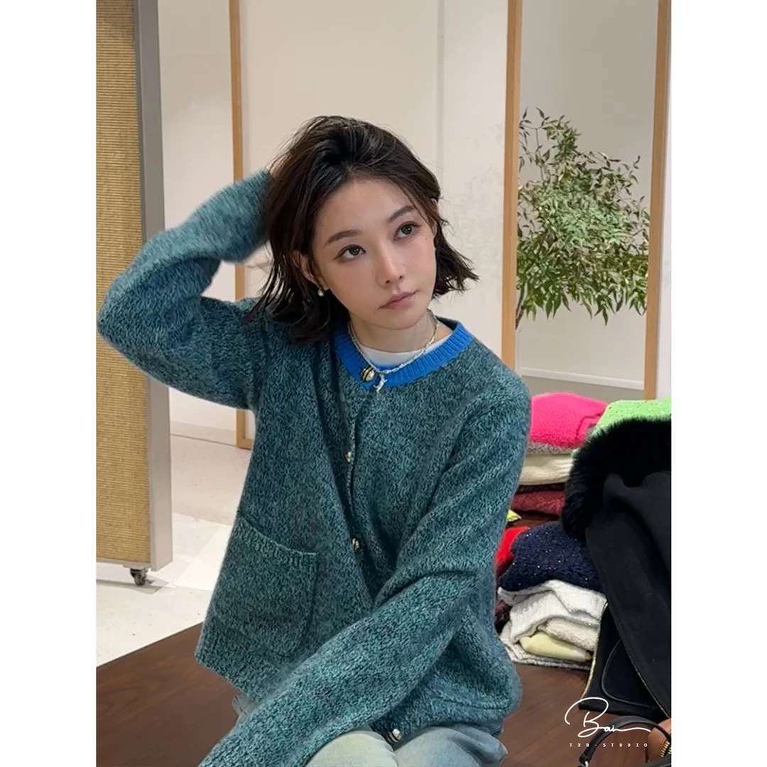 TXB “S+柔蓝绒叙”100羊绒花纱舒适绒感撞色圆领针织开衫XB-7961