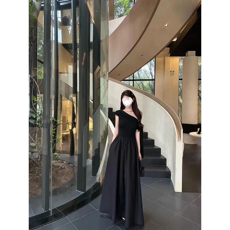 斜肩法式赫本设计感显瘦气质百搭遮肚子连衣长裙 80389