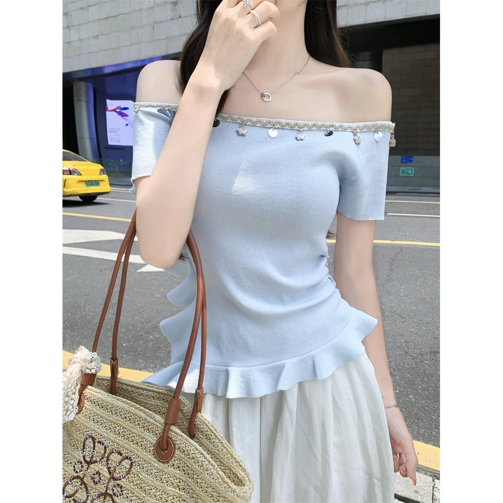 法式荷叶边一字领露肩短袖t恤女夏季修身显瘦设计感不规则上衣潮