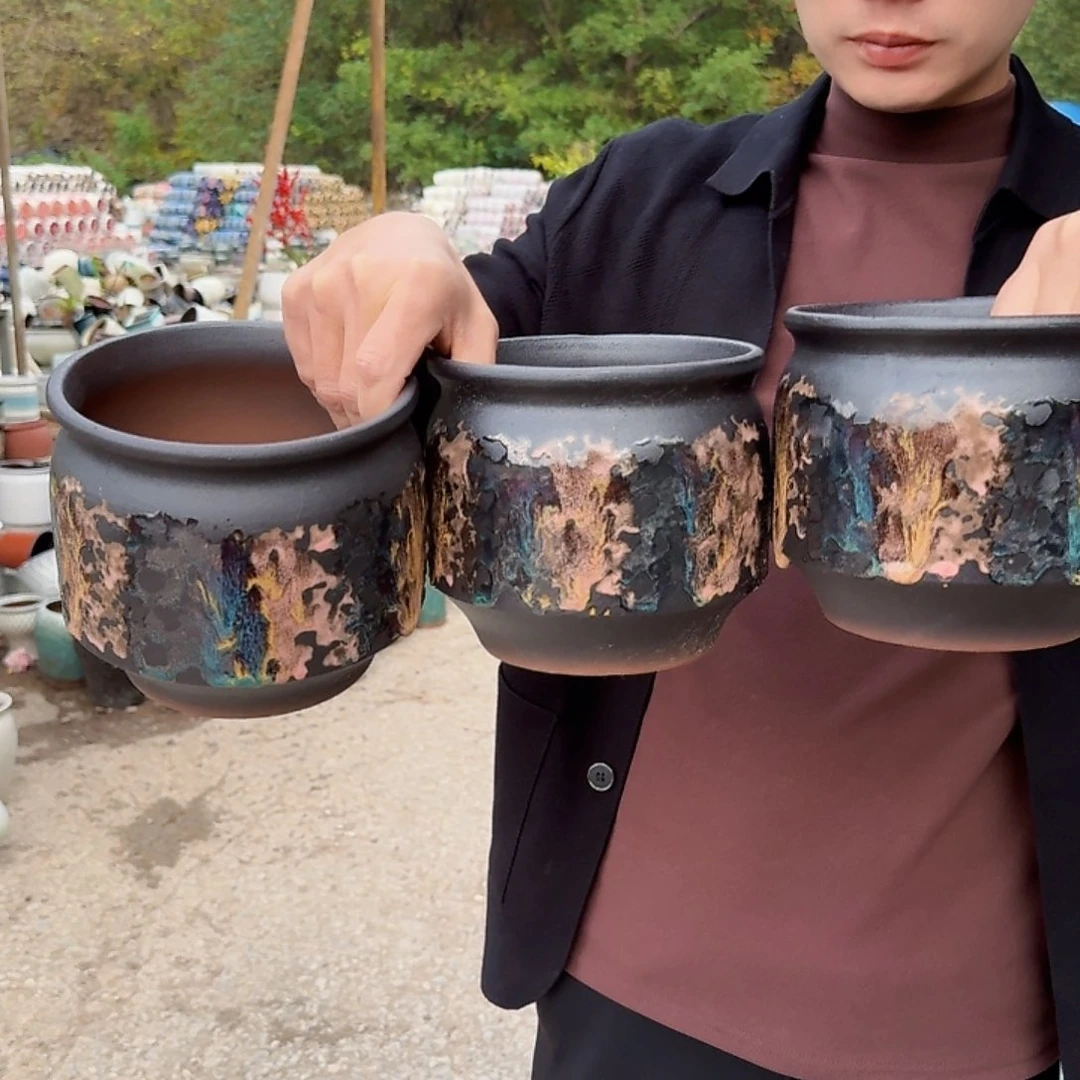 紫砂花盆口15高15（直筒三个泼墨