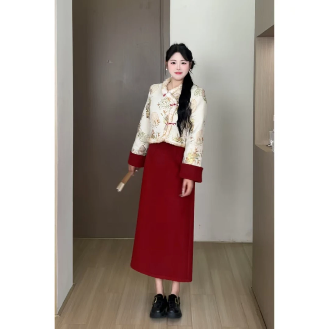 【朝花辞】观与微胖大码新中式提花羽绒外套+半裙套装 DM36075