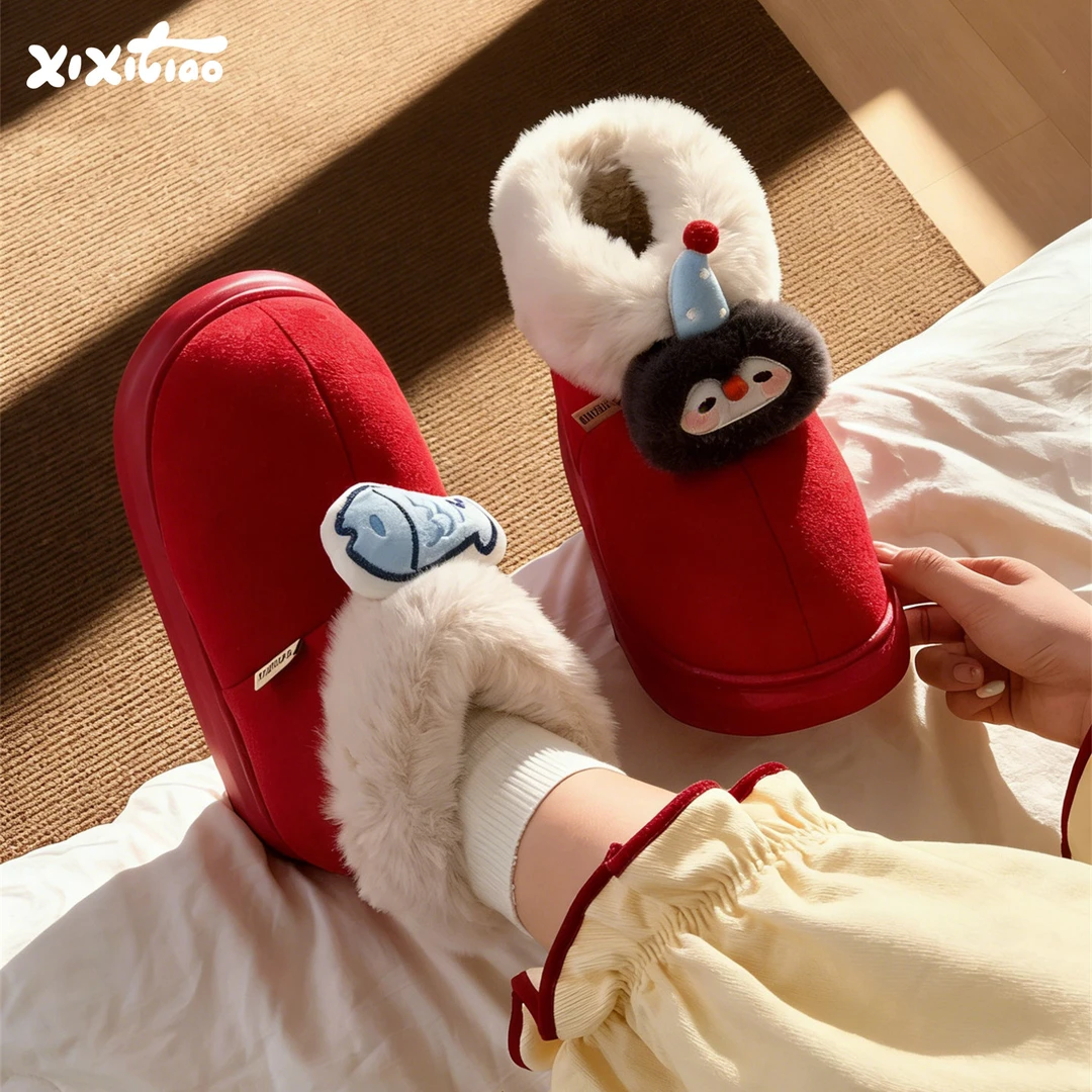 细细条 雪地靴女加绒加厚可爱企鹅小鱼防滑厚底冬季时尚东北棉靴