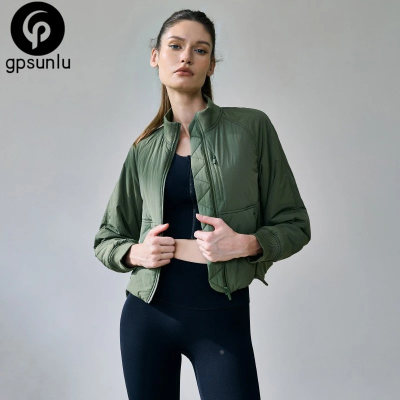 GPSUNLU短款棉服外套女户外跑步保暖运动上衣宽松立领夹克棉衣