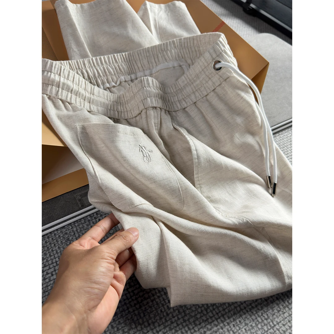 sufang天丝莱赛尔亚麻料运动裤男直筒夏季薄款刺绣战马休闲裤男