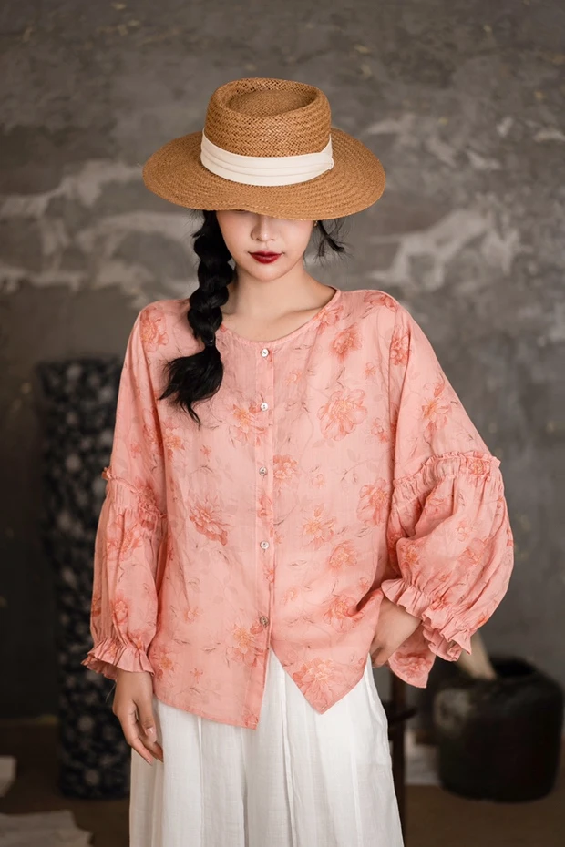 新中式宽松夏季苎麻小衫圆领碎花长袖上衣17313 肩40胸120长60