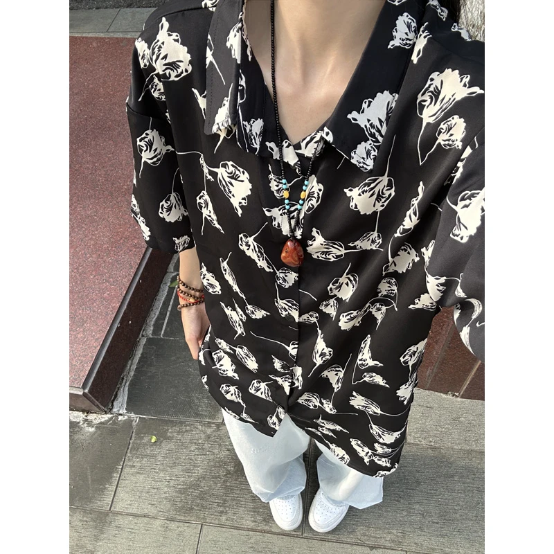 美式冰丝凉感短袖衬衫男设计感小众玫瑰花衬衣高级感痞帅半袖上衣