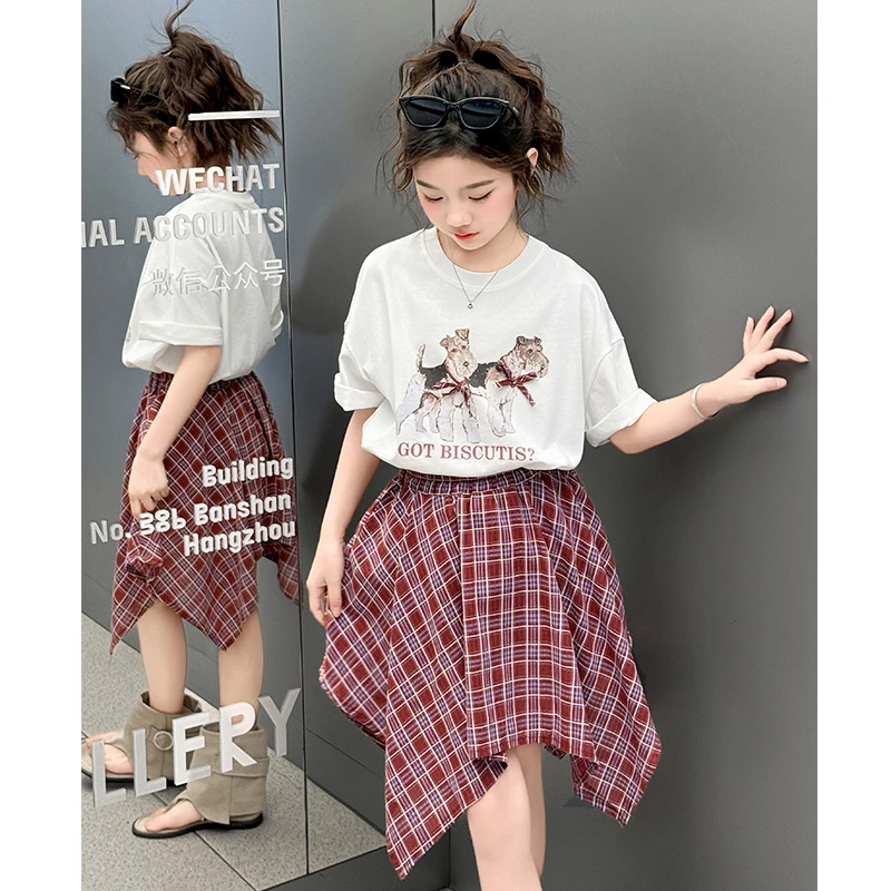 女童夏季套装2025新款洋气儿童卡通短袖女孩夏装格子半身裙两件套