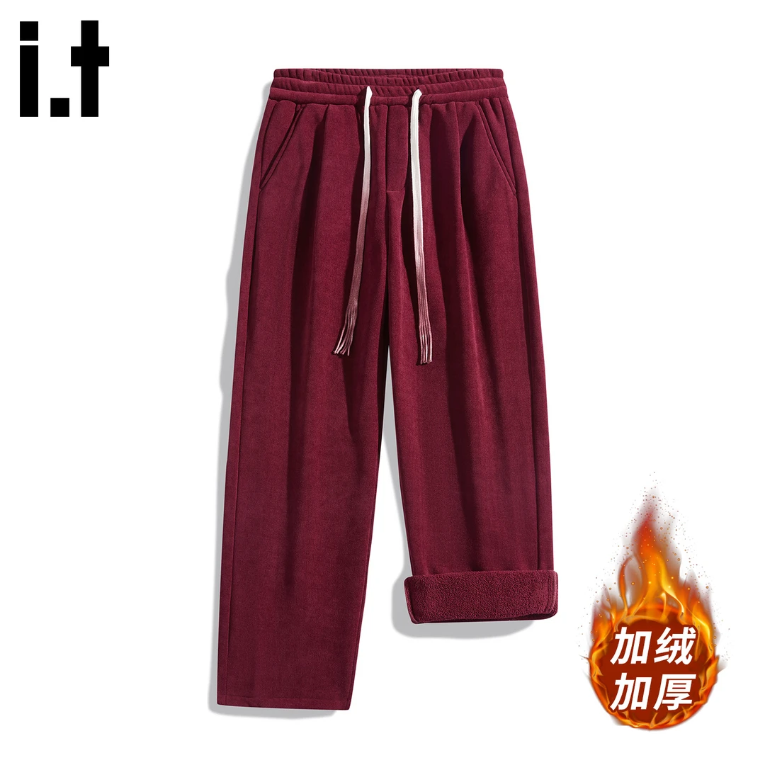 it: CHOCOOLATE红色加绒加厚卫裤男2025冬季美式宽松保暖休闲裤子