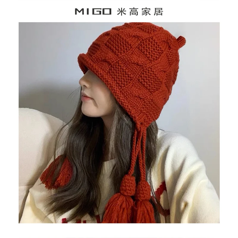 【米高家居】流苏吊坠针织红色显瘦可爱毛线帽街头保暖防风护耳帽