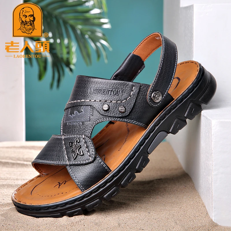 老人头凉鞋男夏季新款真皮透气男士沙滩鞋休闲开车中年皮凉拖鞋男