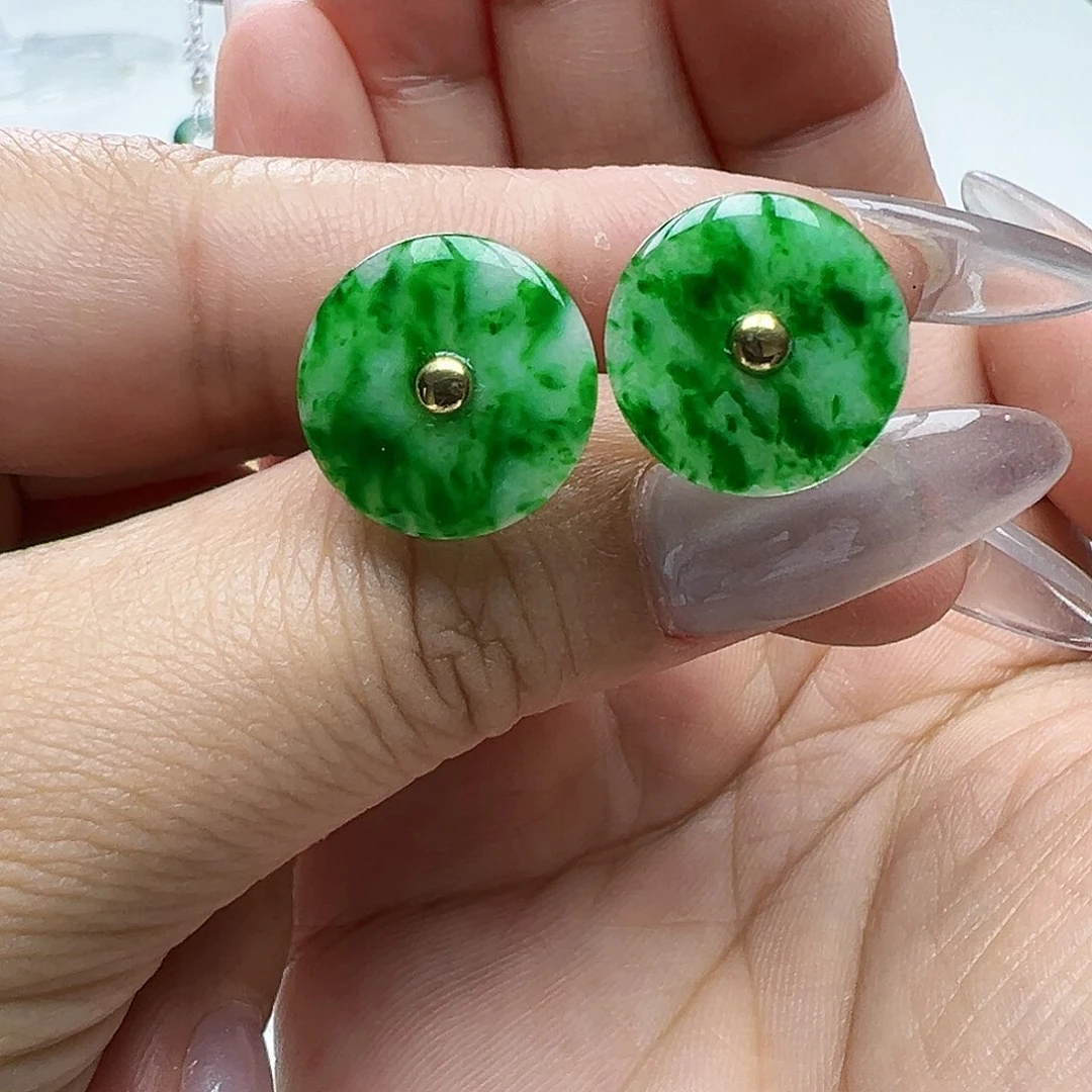 翡翠18K金镶嵌耳饰温*天然缅甸A货翡翠