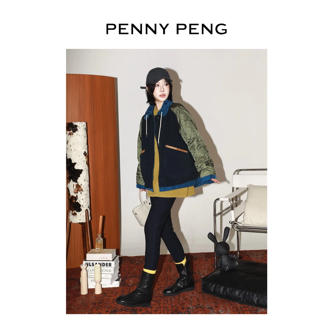 PENNYPENG熊蜂采蜜 秋冬保暖连帽时尚休闲百搭翻领拼接两面穿外套