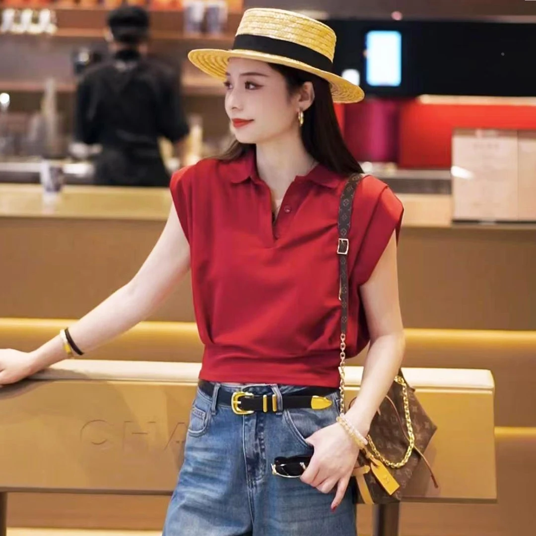 坎肩polo领短袖女t恤2025新款夏季超好看独特漂亮小飞袖上衣