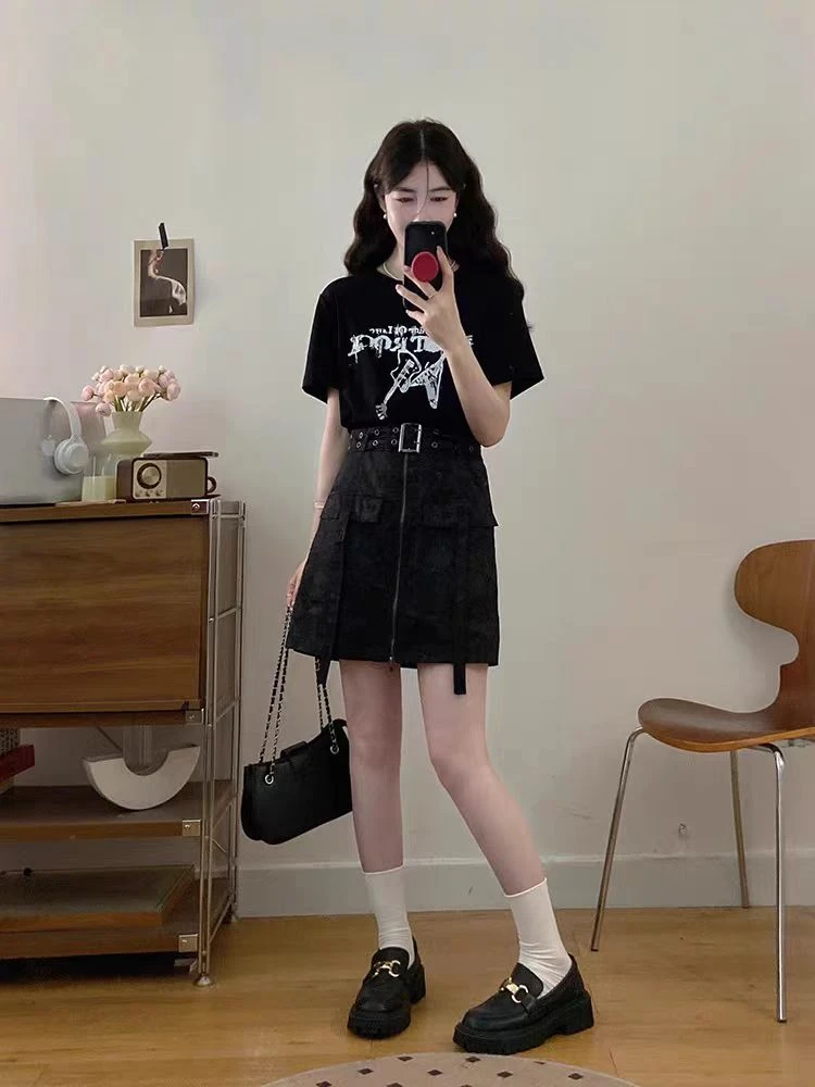 夏季新款复古美式字母印花假两件拼接短袖连衣裙女高腰工装短裙女