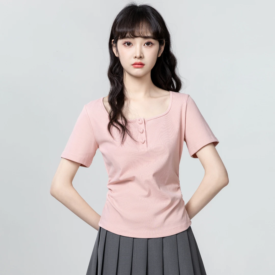粉色方领短袖T恤女夏2025夏季新款不规则褶皱显瘦正肩体恤短上衣