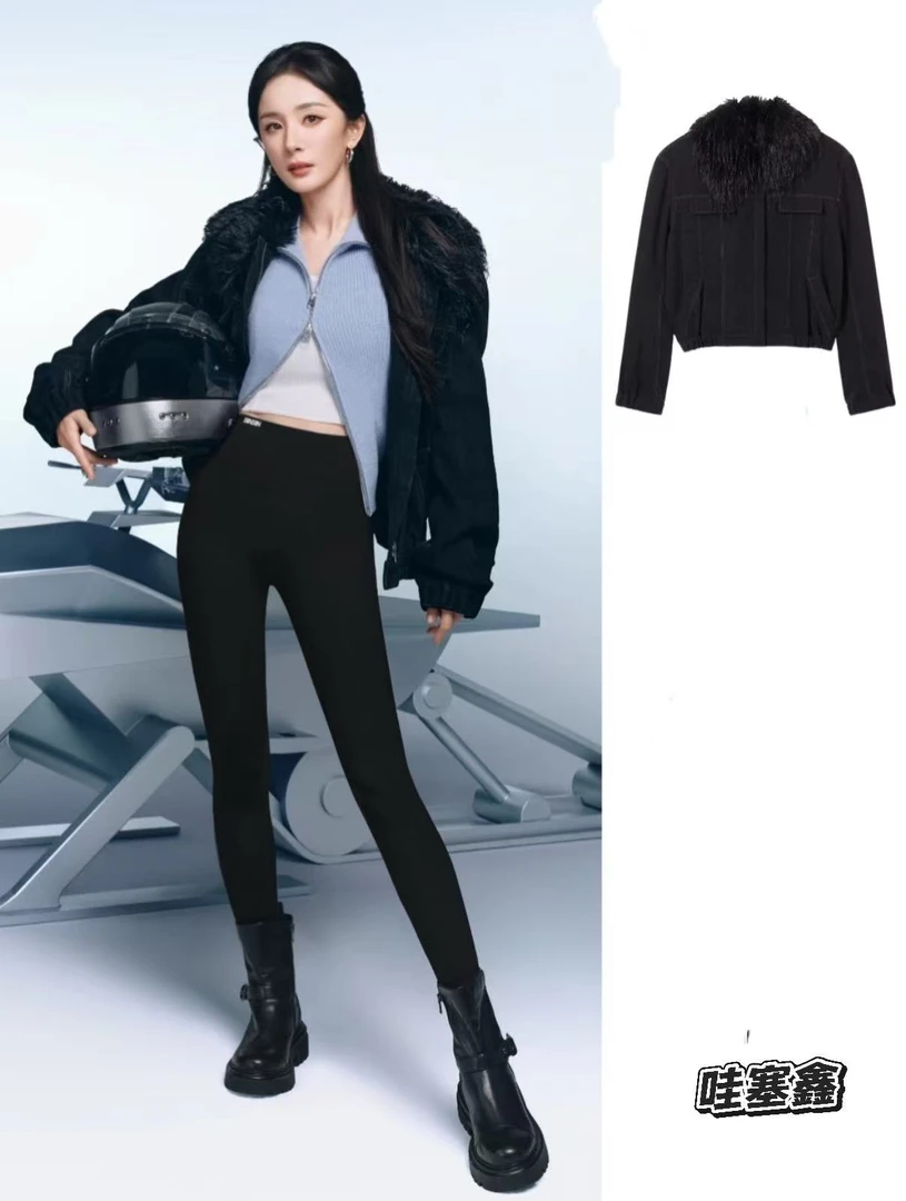 杨幂同款外套2025秋季新款百搭宽松垫肩毛领牛仔廓形夹克外套