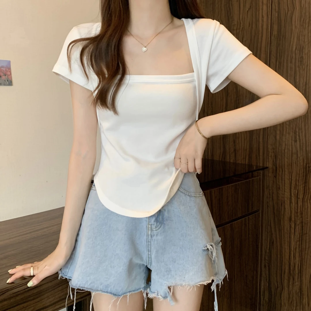 方领短袖T恤洋气衣服女夏季2025新款修身显瘦辣妹纯欲甜美可爱风