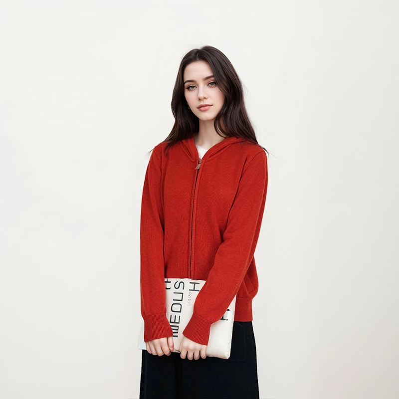 【敏洋纯】女士100%绵羊毛连帽开衫纯色百搭休闲时尚BN890
