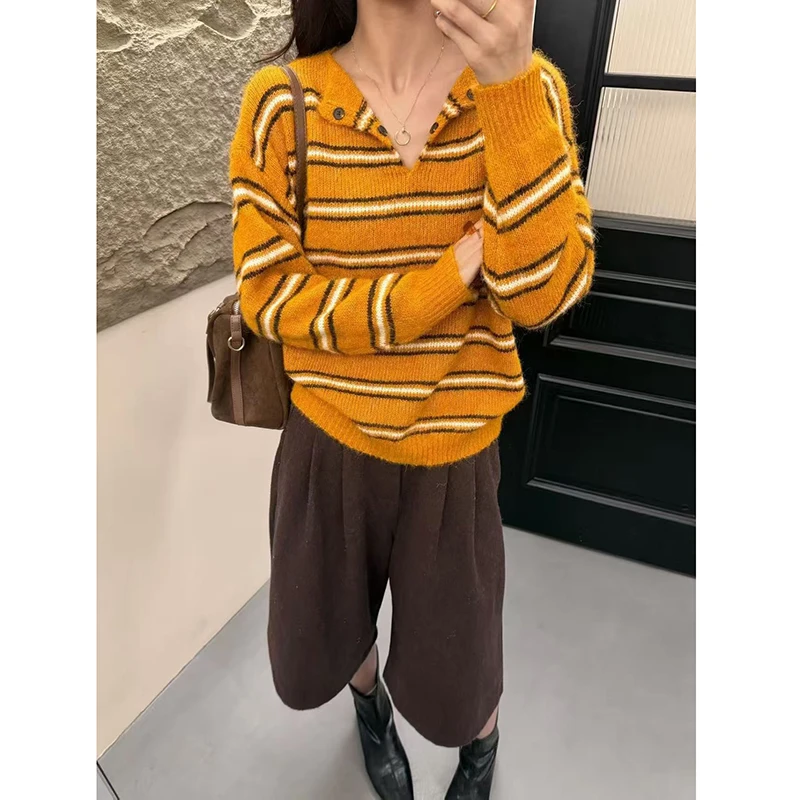 【七针浣熊绒】新款复古慵懒风氛围感宽松针织软糯条纹针织衫毛衣