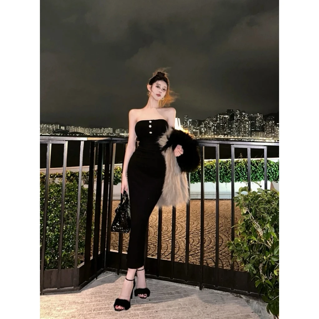 【夜宴名伶】高级感气质名媛钻扣抹胸连衣裙黑色弹力修身包臀长裙