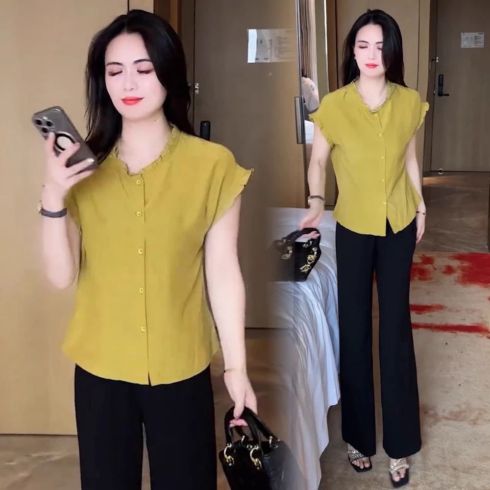 时尚木耳边短袖衬衫女2025夏季新款洋气质宽松显瘦百搭小飞袖上衣