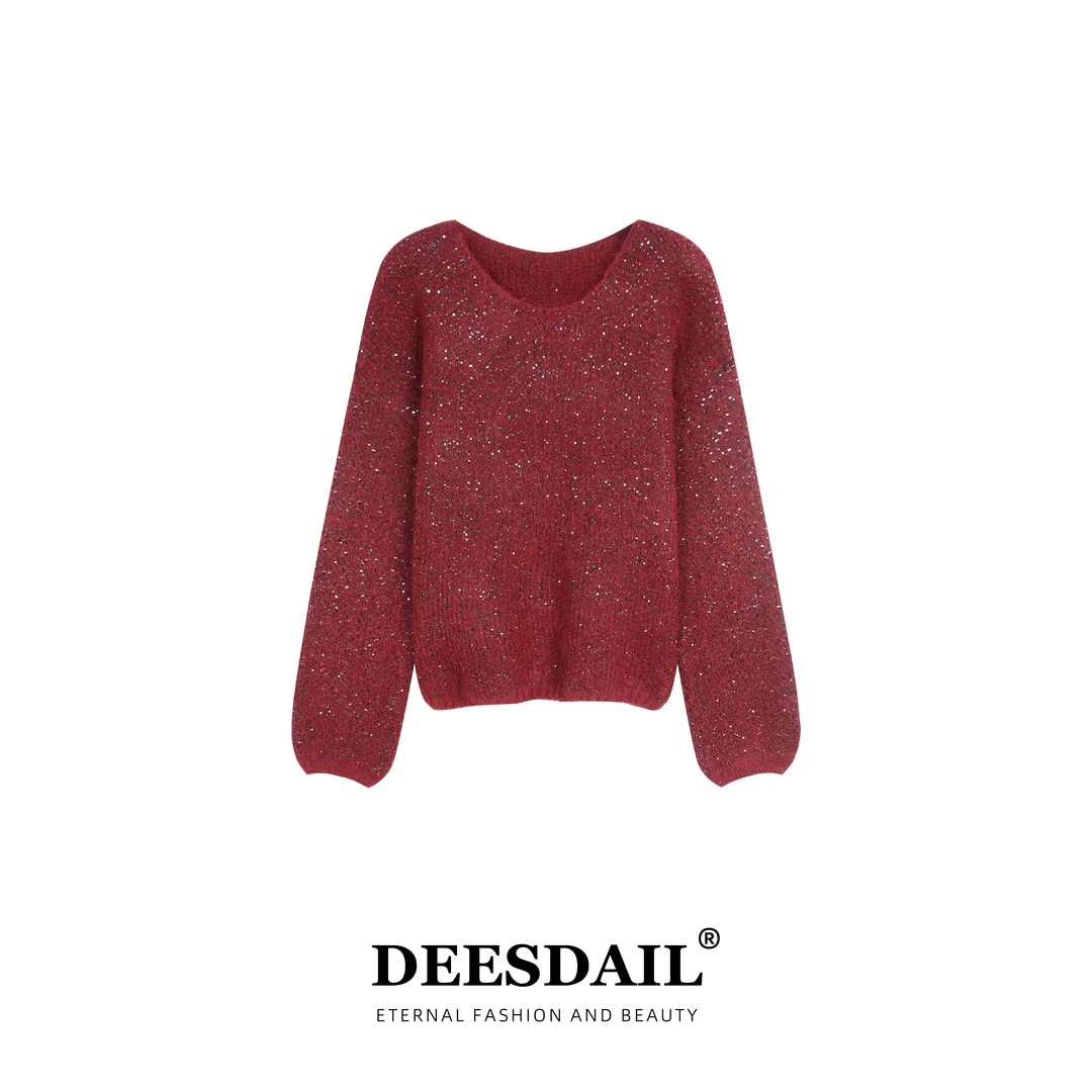 Deesdail冬长袖紫色亮片毛衣显瘦百搭知性圆领针织衫女A539/A540