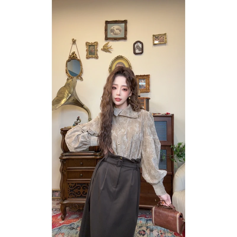 【十一港风】复古加厚别致压花不规则领通勤百搭衬衫Y4432